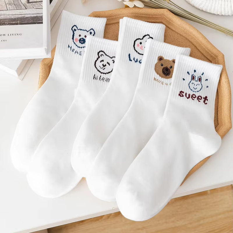 5 Pairs Japanese Women Mid-Tube Socks Autumn Winter New School Style Simple Casual Cotton Socks Tide Medium Length Stockings